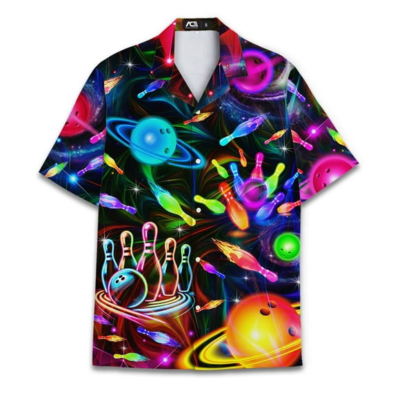 Neon Planet Bowling Hawaiian Shirt For Men Galaxy Bowling Shirt Mens Hawaiian Shirts Short Sleeve Button Down Shirt Men