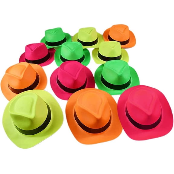 Neon Plastic , Fedora with Gangster Mafia Style Dark Glow Hats in Birthday, Music Party(12/24 Pack)
