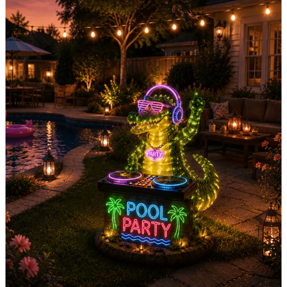 Neon Pool Party DJ Crocodile Garden Light Durable Outdoor Grade Resin LED Sculpture, Perfect Summer Party Decor for Pool Gathering Backyard Bar