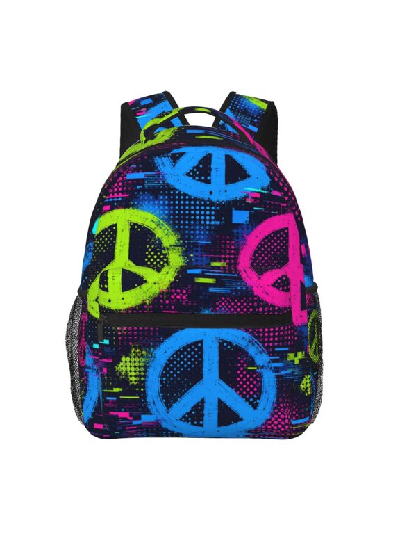Neon Pop Art Peace Backpack Casual College Bag Zipper Laptop Daypack Hiking Rucksack Travel