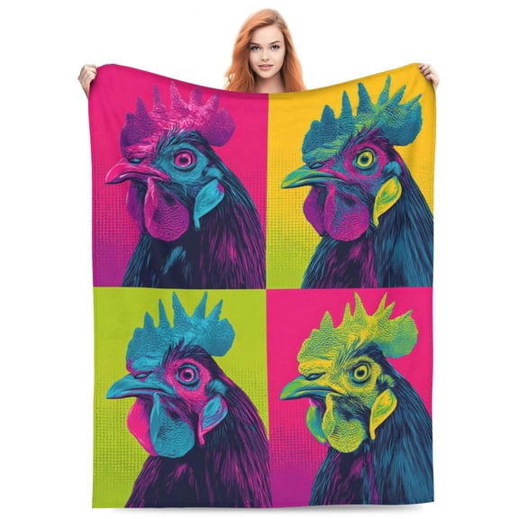 Neon Pop Art Rooster Throw Blanket, Modern Warhol Style, Vibrant Electric Blue & Pink Decor, Funky Decor 50x40