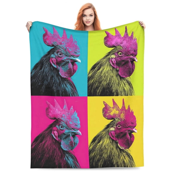 Neon Pop Art Rooster Throw Blanket, Modern Warhol Style, Vibrant Electric Blue & Pink Decor, Funky Decor 50x40