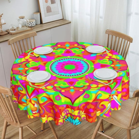 Neon Psychedelic MandalaRound Tablecloth Waterproof Oil-Proof Plastic Table Cloth Stain-Resistant Wipeable 60" for Camping, Dining, Indoor and Outdoor