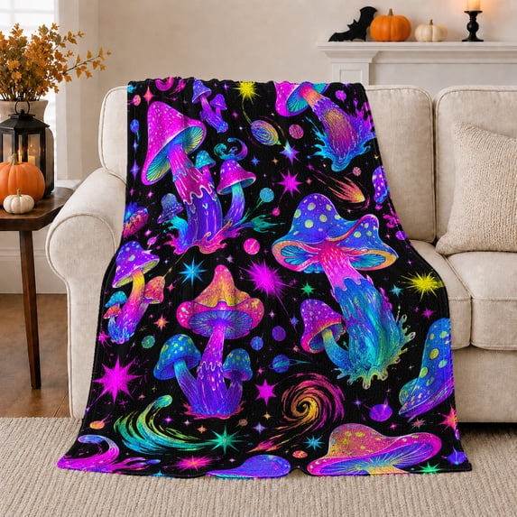 Neon Psychedelic Mushrooms Cosmic Galaxy Art Trippy Fantasy, Mystical Fantasy Scene, Warm Flannel Blanket for Sunroom and Reading Nook, Garden Lovers Valentine's Day Gift, Fantasy Home Decor