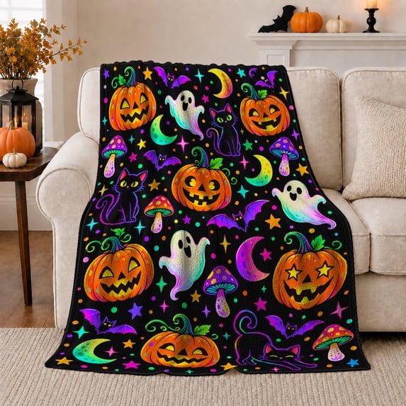 Neon Pumpkin Black Cat Fantasy, Playful Pet Portrait Pattern, Warm Flannel Blanket for Living Room and Bedroom with Detailed Artwork, Cat Lovers autumn celebration Gift, Pet Lover Home Decor