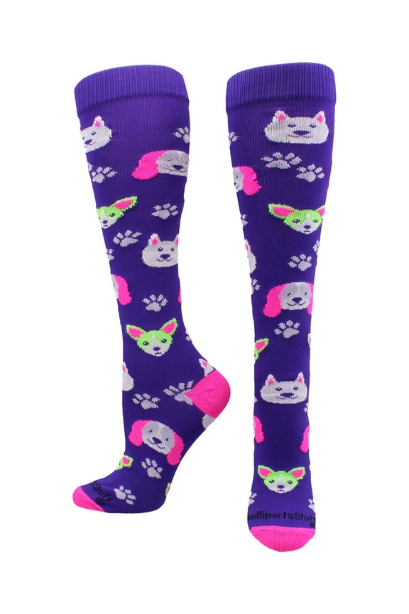 Neon Puppy Dogs Over The Calf Socks (Purple/Neon Pink, Small)