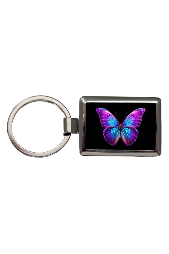 Neon Purple Blue Butterfly Metal Rectangle Keychain
