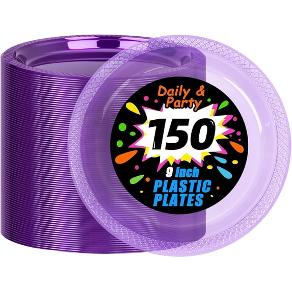 Neon Purple Party Plates, Translucent Clear Purple Plastic Disposable Dinner Plates for Neon Theme Party Dessert Cake Salad Appetizers