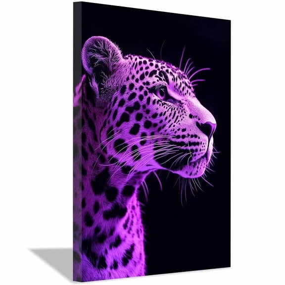 Neon Purple Spotted leopard Side Portrait Dark Background Canvas Wall Print,Moody Monochrome Wildlife Art for Entryway Condo Ready to Hang-40"L x 28"W