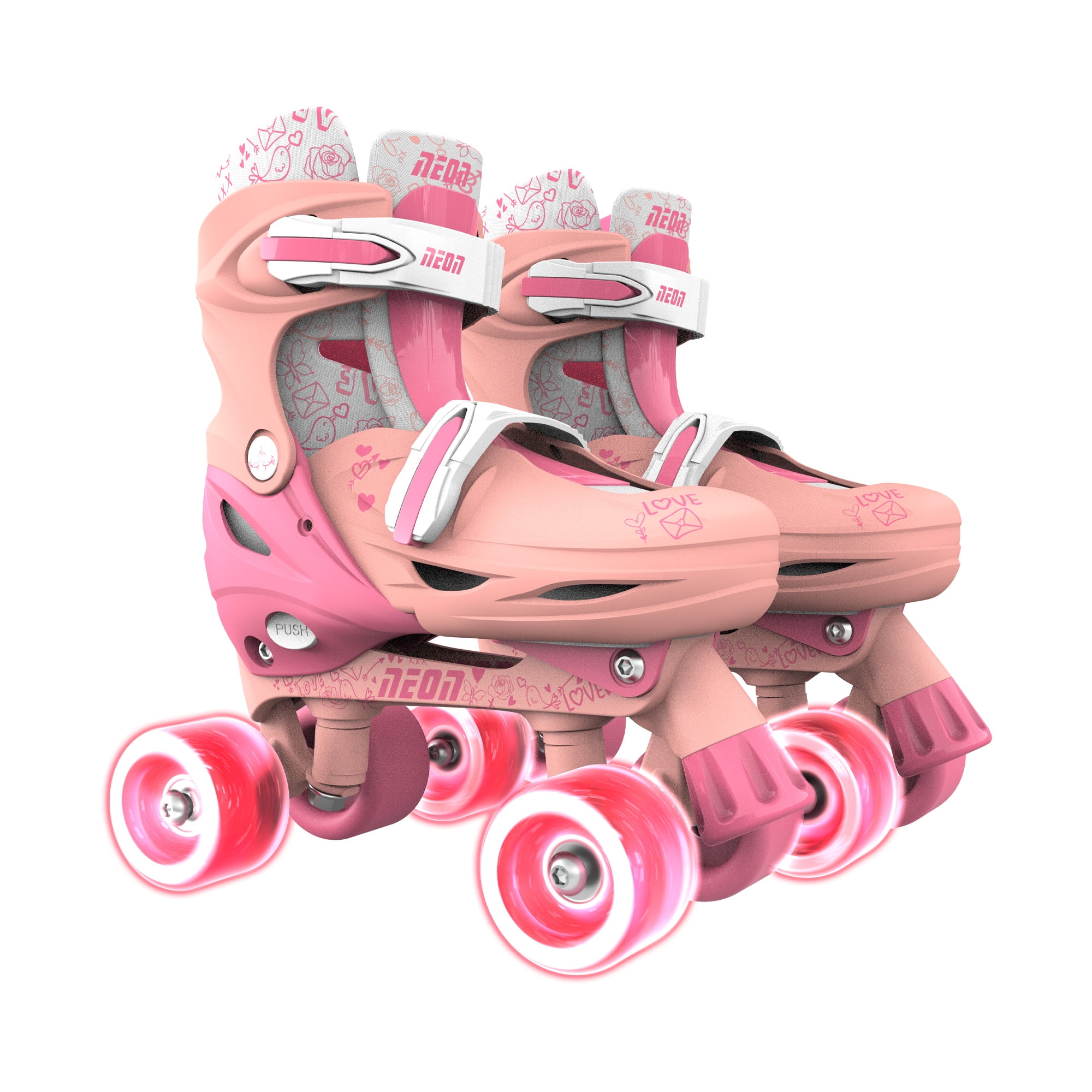 Neon Quad Kids Skates, Adjustable Size 3-6 US, One-Pair, Unisex, Pink Peach