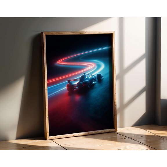 Neon Racing Car Speed Trail Wall Art Modern Home Decor , Poster Print Only