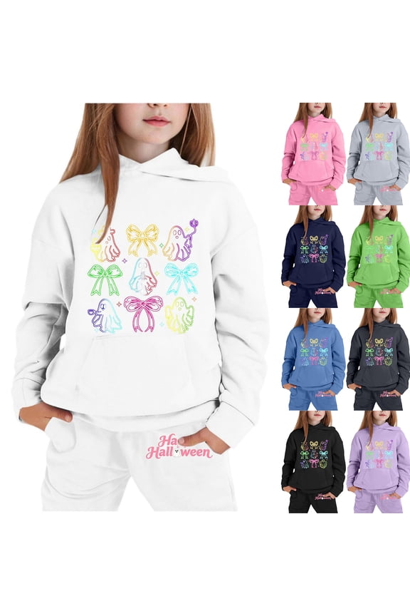 Neon Rainbow Bow Ghost Grid Kids Halloween Tracksuit, Stretch Polyester 2Pcs Hoodie Jogger Set for Girls Coquette Fall Outfit(White130)