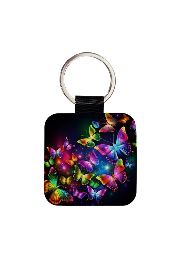 Neon Rainbow Butterflies Faux Leather Square Keychain