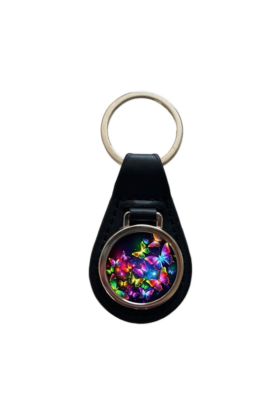Neon Rainbow Butterflies Metal Black Leather Keychain