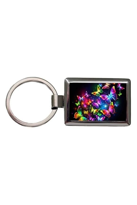 Neon Rainbow Butterflies Metal Rectangle Keychain