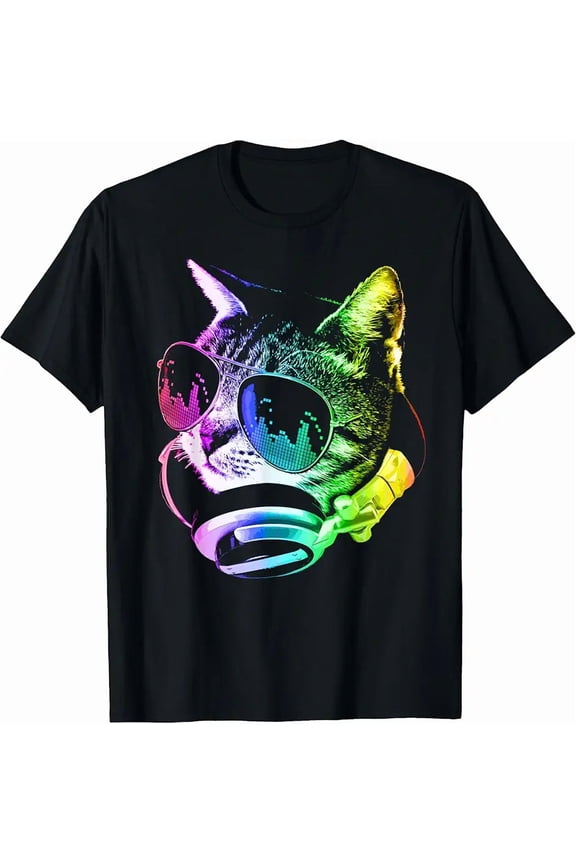 Neon Rainbow Cat DJ Headphones Unisex Short Sleeve Graphic T-Shirt