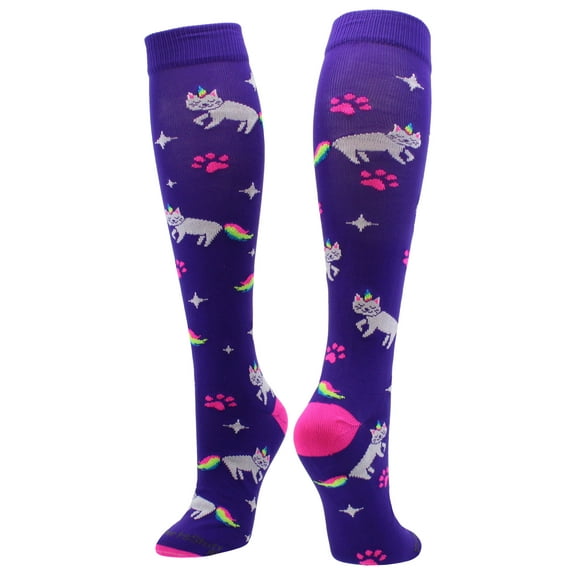 Neon Rainbow Caticorn Over the Calf Socks (Purple/Neon Pink, Medium)