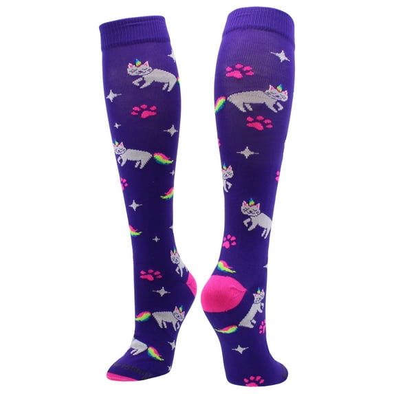Neon Rainbow Caticorn Over the Calf Socks (Purple/Neon Pink, Small)