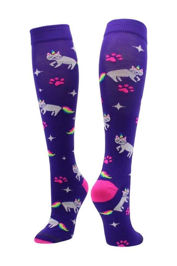 Neon Rainbow Caticorn Over the Calf Socks (Purple/Neon Pink, Small)