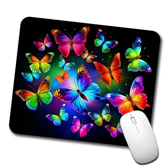 Neon Rainbow Colorful Butterflies Mouse Pad Low Profile Gaming Mat