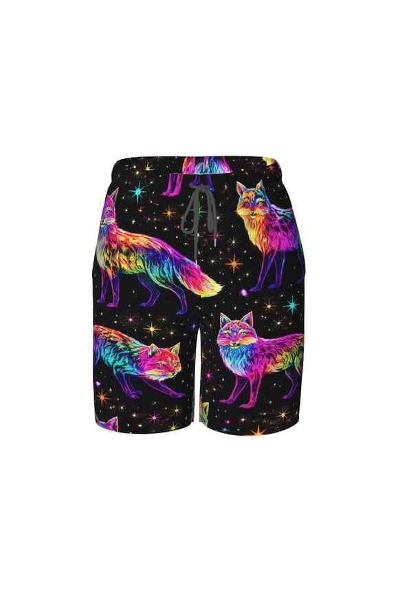 Neon Rainbow Fox Beach Pants Teen Shorts with Mesh Lining and Drawstring
