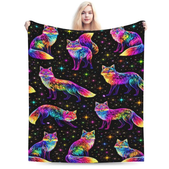 Neon Rainbow Fox Blanket, Psychedelic Animal Throw, Cosmic Galaxy Fleece Blanket for Christmas Halloween Home Decor Gift 50x40