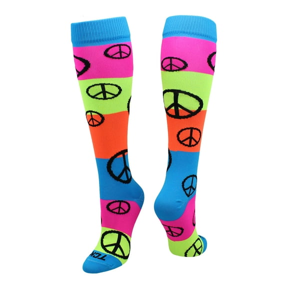 Neon Rainbow Fun Print OTC Socks (Peace Sign, Medium)