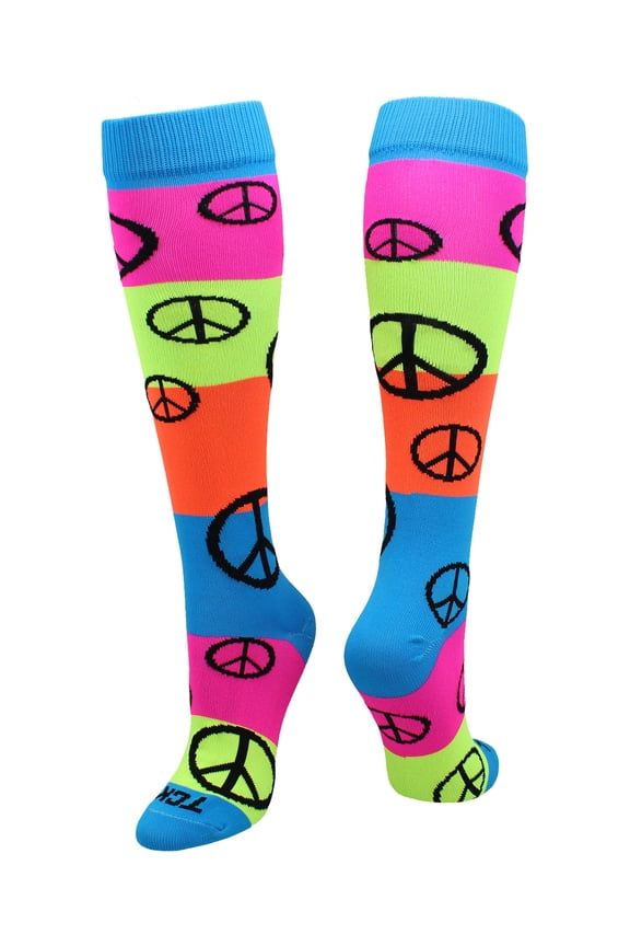 Neon Rainbow Fun Print OTC Socks (Peace Sign, Medium)