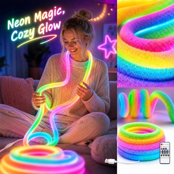 Neon Rainbow Fuzzy LED Strip Lights with Remote Control, RGB Color ...