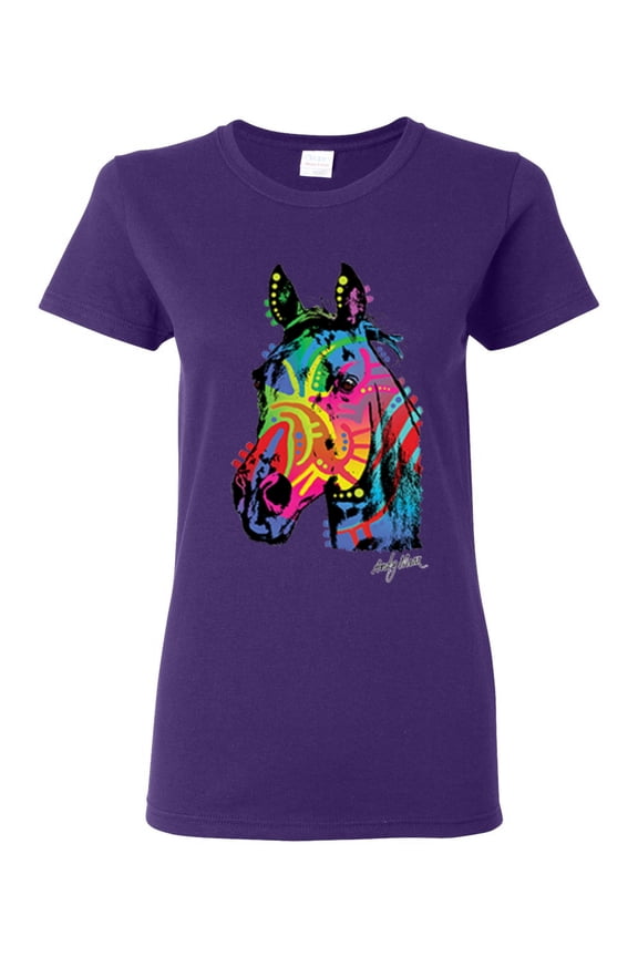 Neon Rainbow Horse Animal Lover Womens Graphic T-Shirt, Purple, 2XL