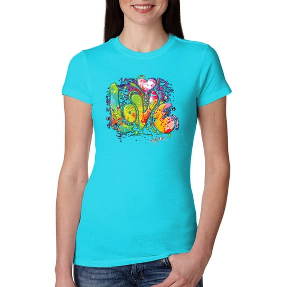 Neon Rainbow Horse Animal Lover Womens Slim Fit Junior Tee, Tahiti Blue, Large
