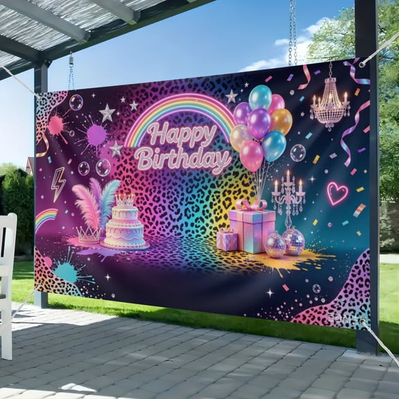 Neon Rainbow Leopard Birthday Backdrop for Girl's Sparkly Paint Splatter Cheetah Party Decorations Photography Background Rainbow Leopard Print Pattern Party Photoshoot Backdrops 51*59IN