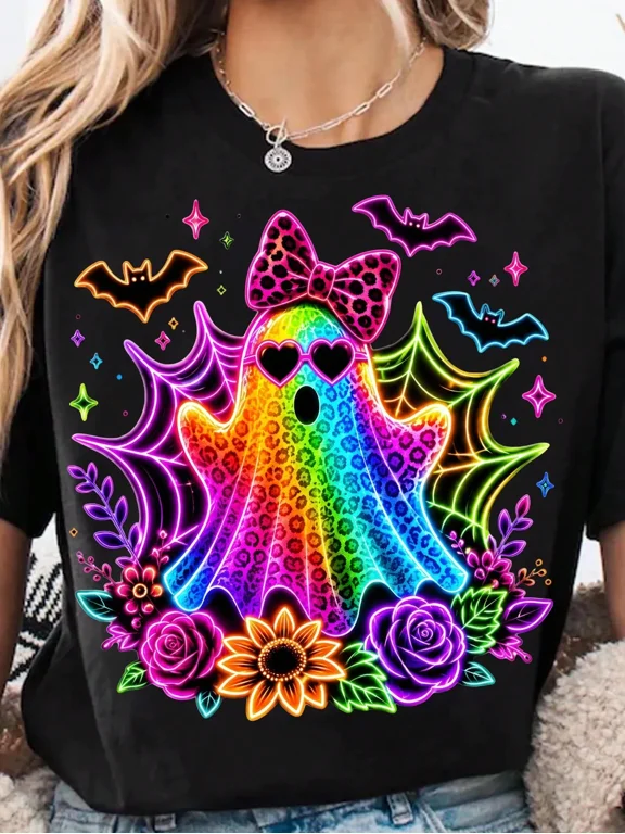 Neon Rainbow Leopard Ghost With Bow Bats Roses Floral Graphic Tee Unisex Casual Halloween Party Gift Cotton Men's Women's Tee Shirt