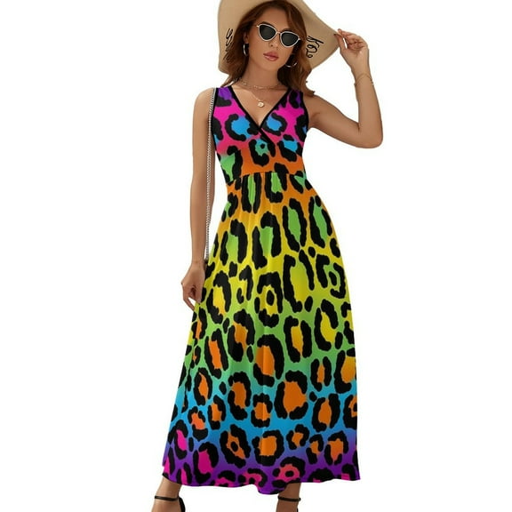Neon Rainbow Leopard Print Dress Summer Street Style Bohemia Long Dresses Female Sleeveless Printed Maxi Dress