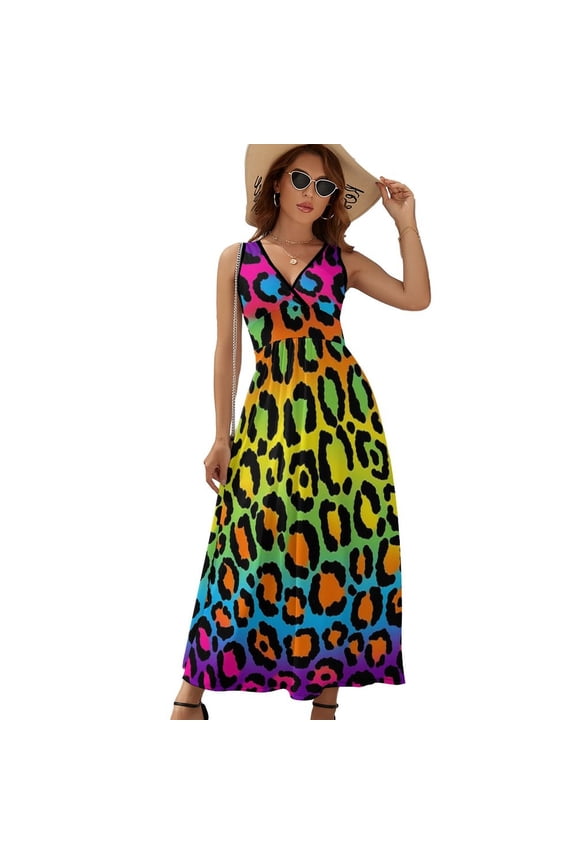 Neon Rainbow Leopard Print Dress Summer Street Style Bohemia Long Dresses Female Sleeveless Printed Maxi Dress