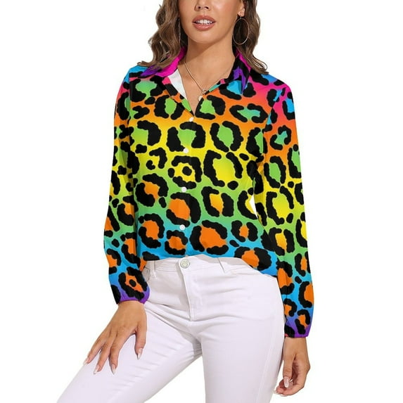 Neon Rainbow Leopard Print Long Sleeve Blouse Woman Streetwear Casual Shirts Summer Oversize Woman Streetwear Clothing Birthday Present