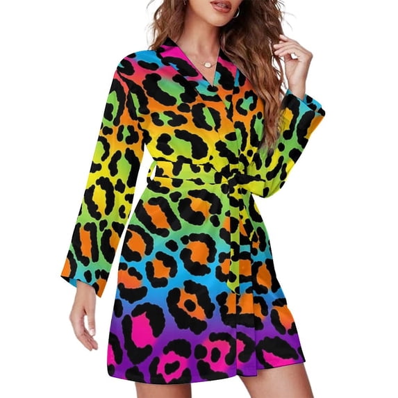 Neon Rainbow Leopard Print Night Robe Long Sleeve V Neck Robe With Belt Women's Sleepwear Dresses