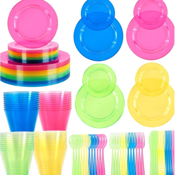 Neon Rainbow Plastic Dinnerware Set 216pcs Colorful Plates Cups Silverware