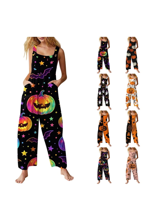 Neon Rainbow Pumpkin Bat Star Halloween Women Overalls, Sleeveless Square Neck Loose Wide Leg Jumpsuit with Pockets, Rayon Linen Blend Yellow S