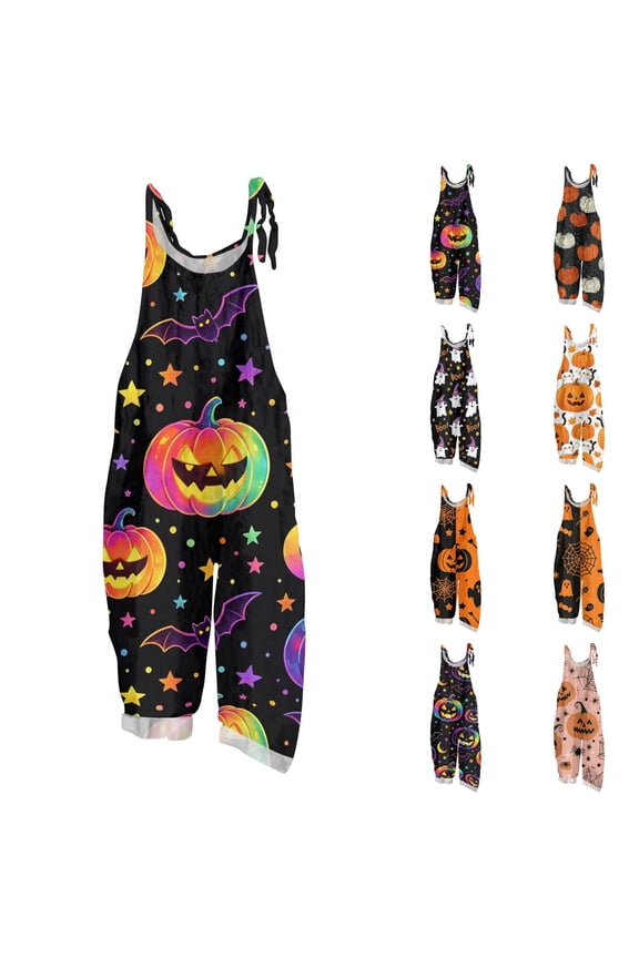 Neon Rainbow Pumpkin Star Bat Halloween Graphic Womens Adjustable Tie Strap Overalls Multicolor 3XL