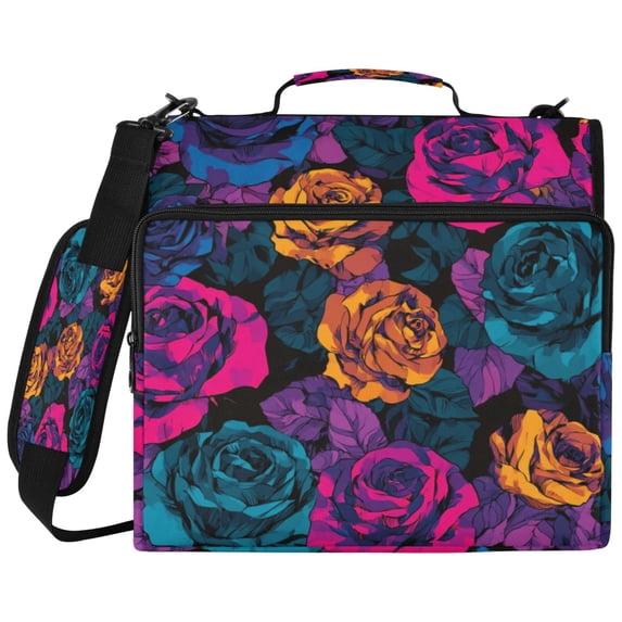 Neon Rainbow Roses Printed Zipper Binder with Handle&Shoulder Strap 2 inch 3 Ring 500+300 Sheet Capacity File Folder Organizer
