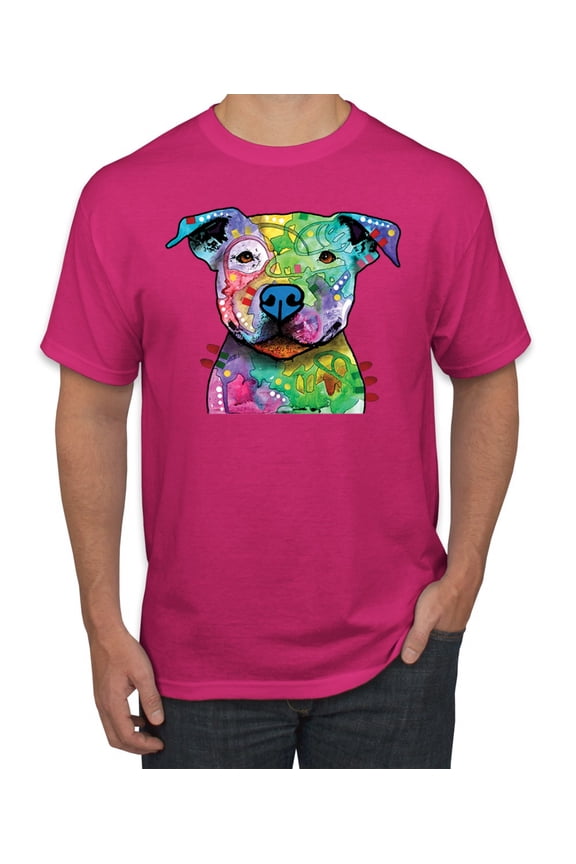 Neon Rainbow Trippy Cute Pitbull Dog Straight at You Dog Lover Men's Graphic T-Shirt, Fuschia, 5XL