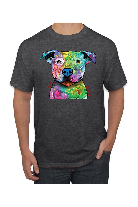 Neon Rainbow Trippy Cute Pitbull Dog Straight at You Dog Lover Men's Graphic T-Shirt, Heather Black, 3XL