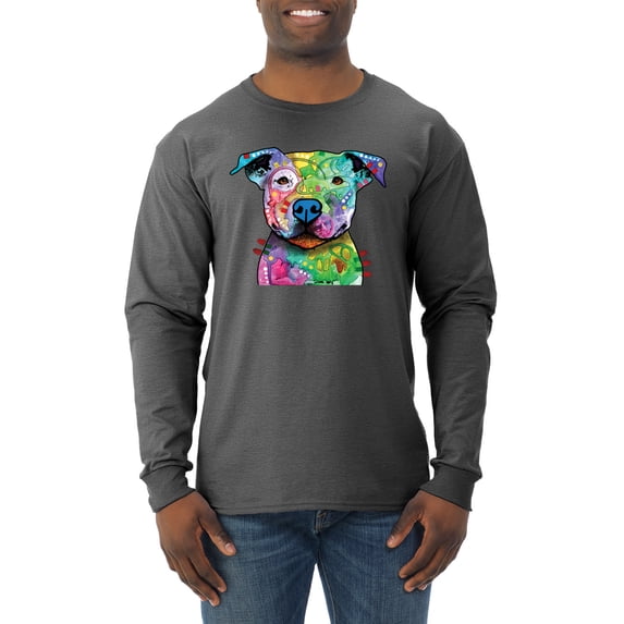 Neon Rainbow Trippy Cute Pitbull Dog Straight at You Dog Lover Mens Long Sleeve Shirt, Heather Black, Medium