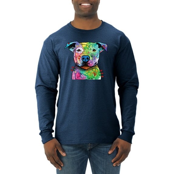 Neon Rainbow Trippy Cute Pitbull Dog Straight at You Dog Lover Mens Long Sleeve Shirt, Vintage Heather Navy, Large