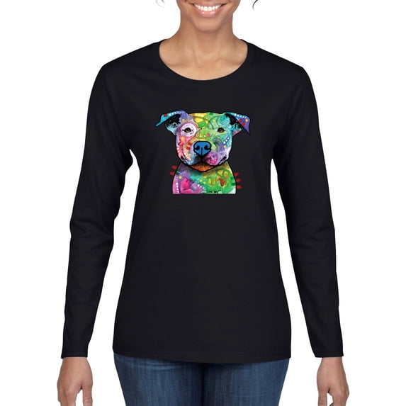 Neon Rainbow Trippy Cute Pitbull Dog Straight at You Dog Lover Womens Graphic Long Sleeve T-Shirt, Black, Large