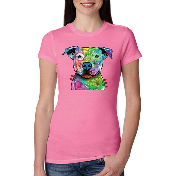 Neon Rainbow Trippy Cute Pitbull Dog Straight at You Dog Lover Womens Slim Fit Junior Tee, Hot Pink, Large