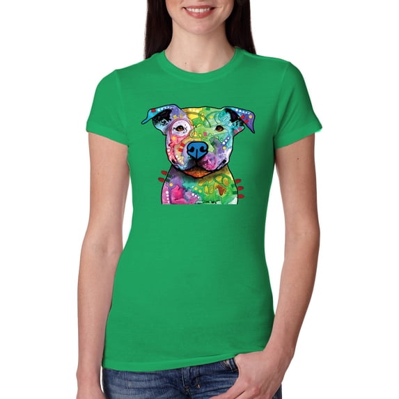 Neon Rainbow Trippy Cute Pitbull Dog Straight at You Dog Lover Womens Slim Fit Junior Tee, Kelly, 2XL