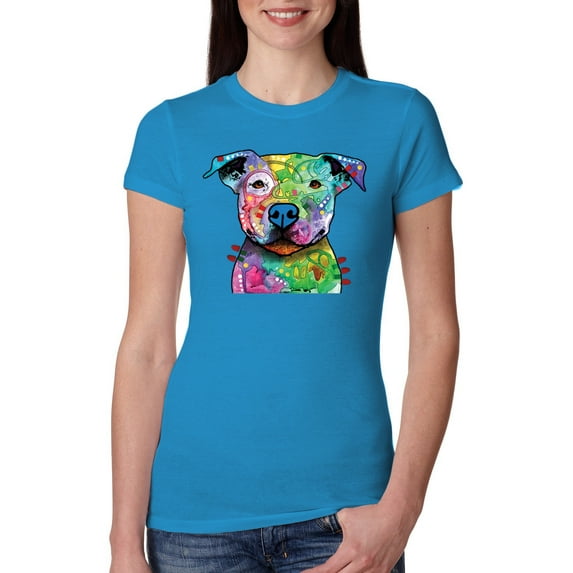Neon Rainbow Trippy Cute Pitbull Dog Straight at You Dog Lover Womens Slim Fit Junior Tee, Turquoise, X-Large