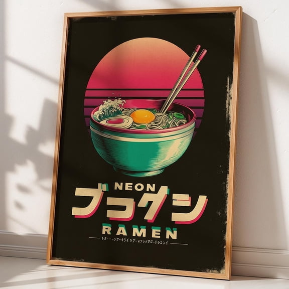 Neon Ramen Poster Japanese Retro Art Print Anime-Inspired Kitchen Wall Decor Vibrant Noodle Bowl Illustration Modern Pop Culture Gift